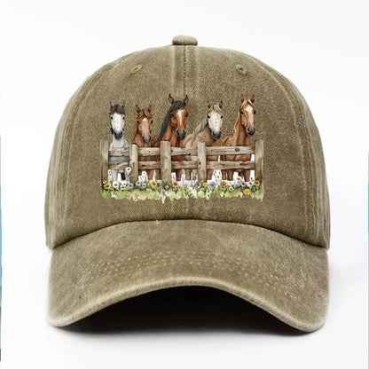 Horse Print Baseball Cap Unisex Cotton Adjustable Equestrian Style Outdoor Sports Hat