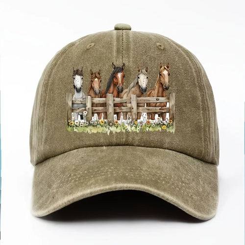Horse Print Baseball Cap Unisex Cotton Adjustable Equestrian Style Outdoor Sports Hat