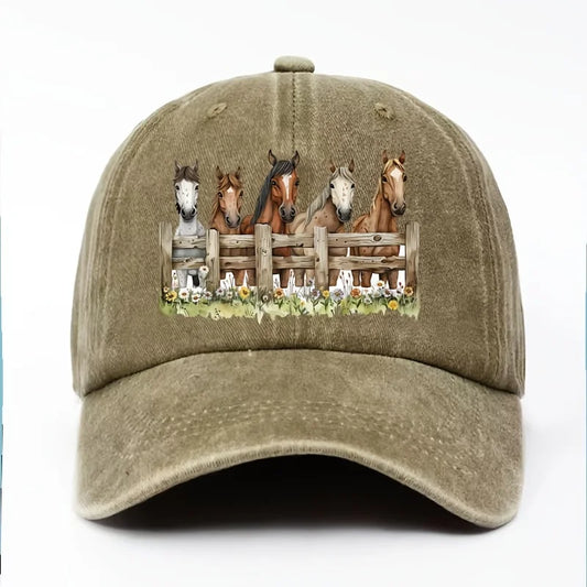Horse Print Baseball Cap Unisex Cotton Adjustable Equestrian Style Outdoor Sports Hat