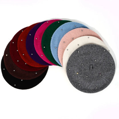 Rhinestone Women Beret Hat Autumn Winter Vintage French Artist Cap