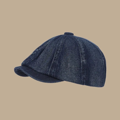 Vintage Washed Denim Newsboy Cap Versatile Short Brim Flat Peaked Hat