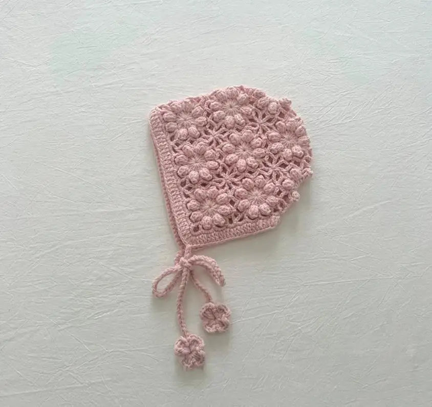Baby Flower Hat Girls Hollow-Out Bonnet Jacquard Knitted Newborn Cap