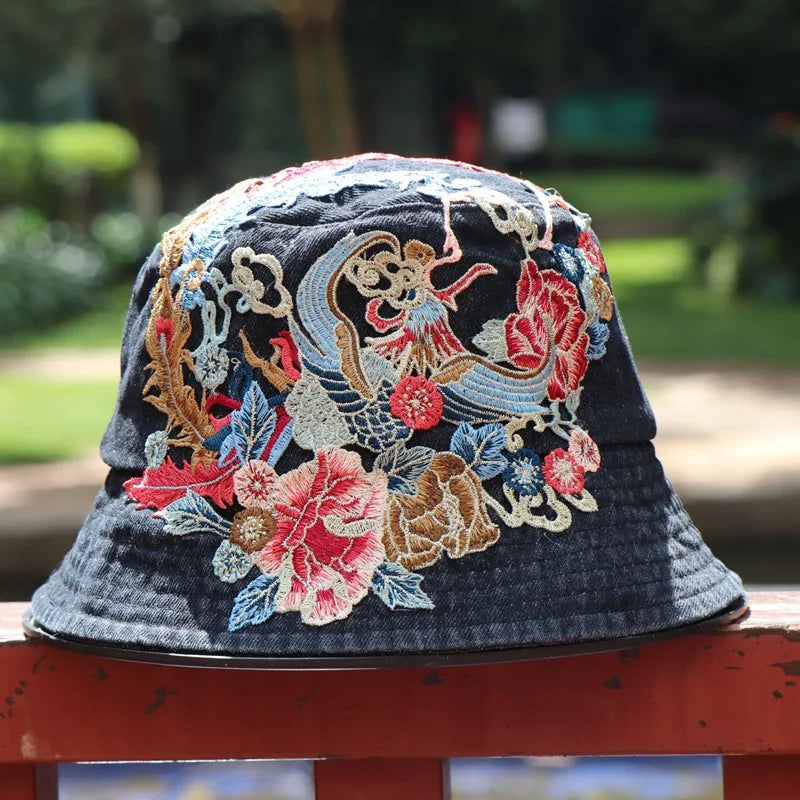Ethnic Embroidered Denim Bucket Hat