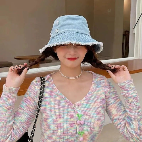 Fashion Washed Denim Bucket Hats Wide Brim Tassel Edge Fishermen Caps