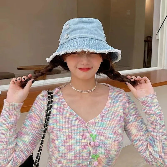 Fashion Washed Denim Bucket Hats Wide Brim Tassel Edge Fishermen Caps