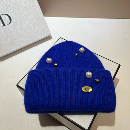 Designer Pearls Brooch Knitted Hat Women Luxury