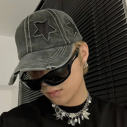 Retro Y2K Star Washed Denim Hole star Baseball cap Hats