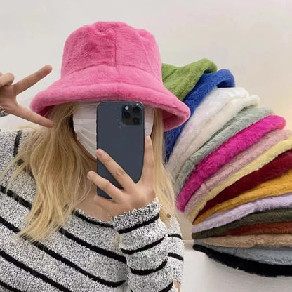 Winter Rabbit Plush Fisherman Hats Women Girl Bucket Hat