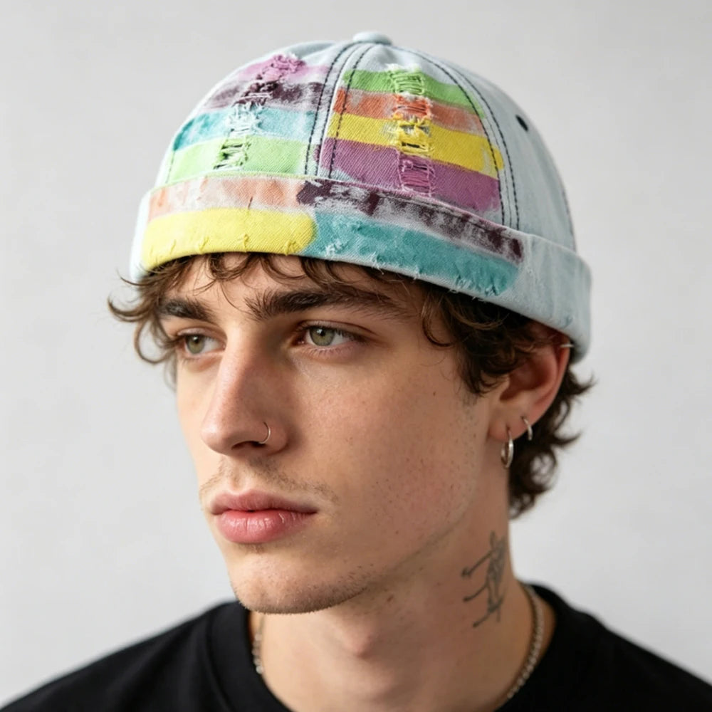 Vintage Painted Rainbow Denim Docker Cap