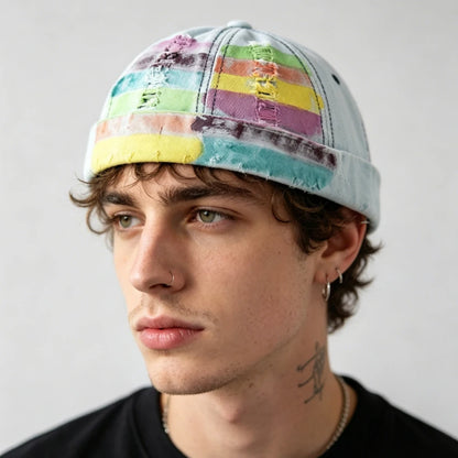 Vintage Painted Rainbow Denim Docker Cap