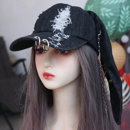 Rabbit Ripped Denim Baseball Cap Puppy Y2K Chains Doberman Ears Hat