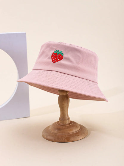 Unisex Summer Cute Bucket Hat For Women Solid Embroidery Strawberry