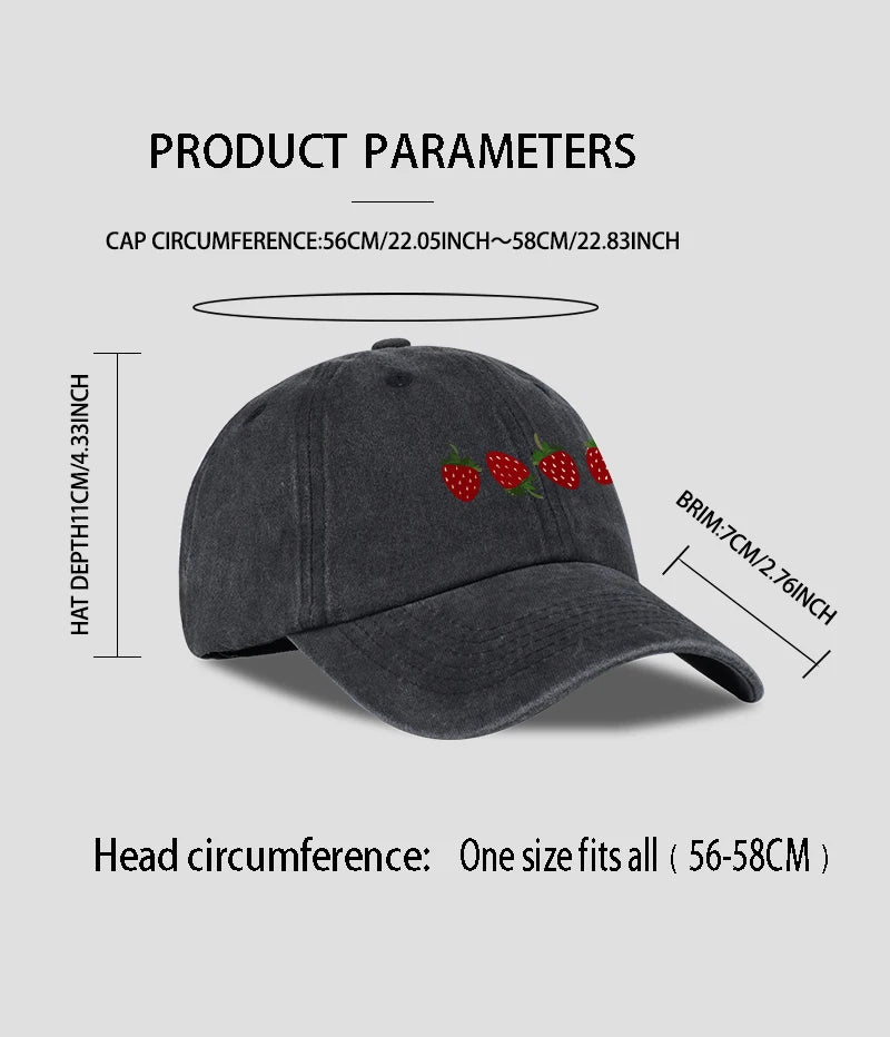 Strawberry Print Washed Baseball Cap Lightweight Breathable Adjustable Unisex Summer Casual Hat Sun Hat
