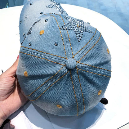 Women Punk Shiny Rhinestone Denim Baseball Cap
