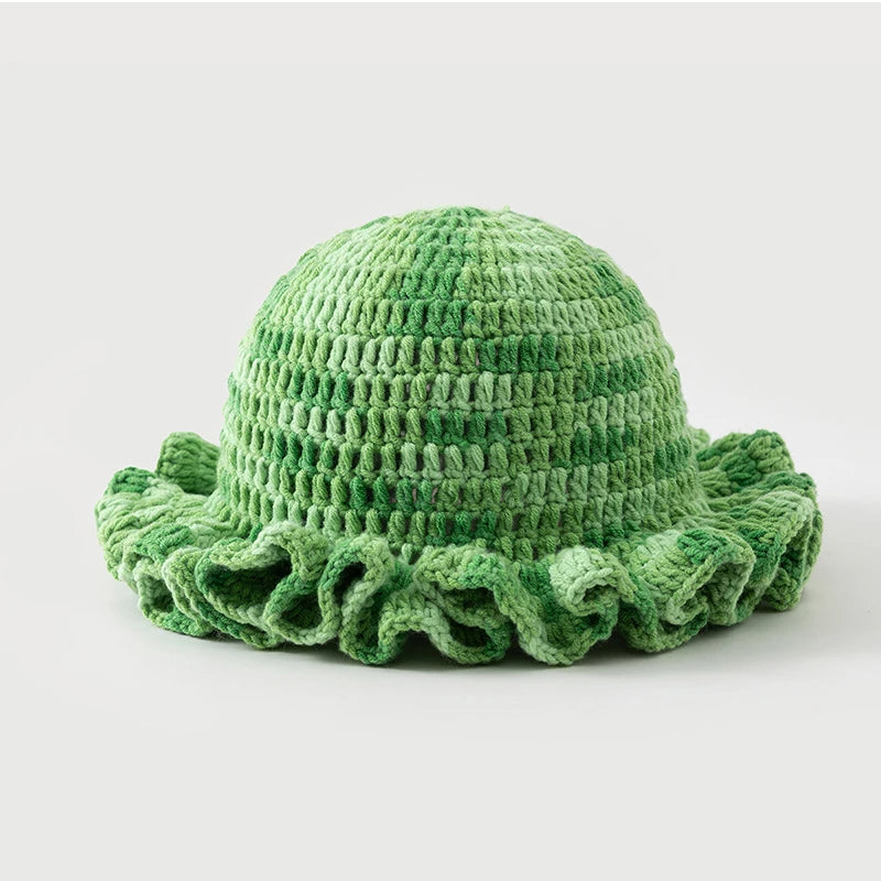 New Colorful Crochet Ruffle Brim Knit Bucket Hats