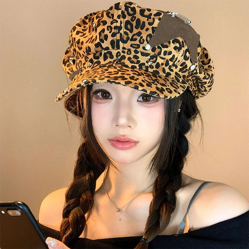Y2K American Retro Street Leopard Print Rivet Fisherman Hat