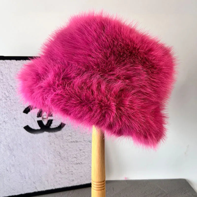 Bright Yellow Imitation Mink Fur Bucket Hat Women's Panama Style Korean New