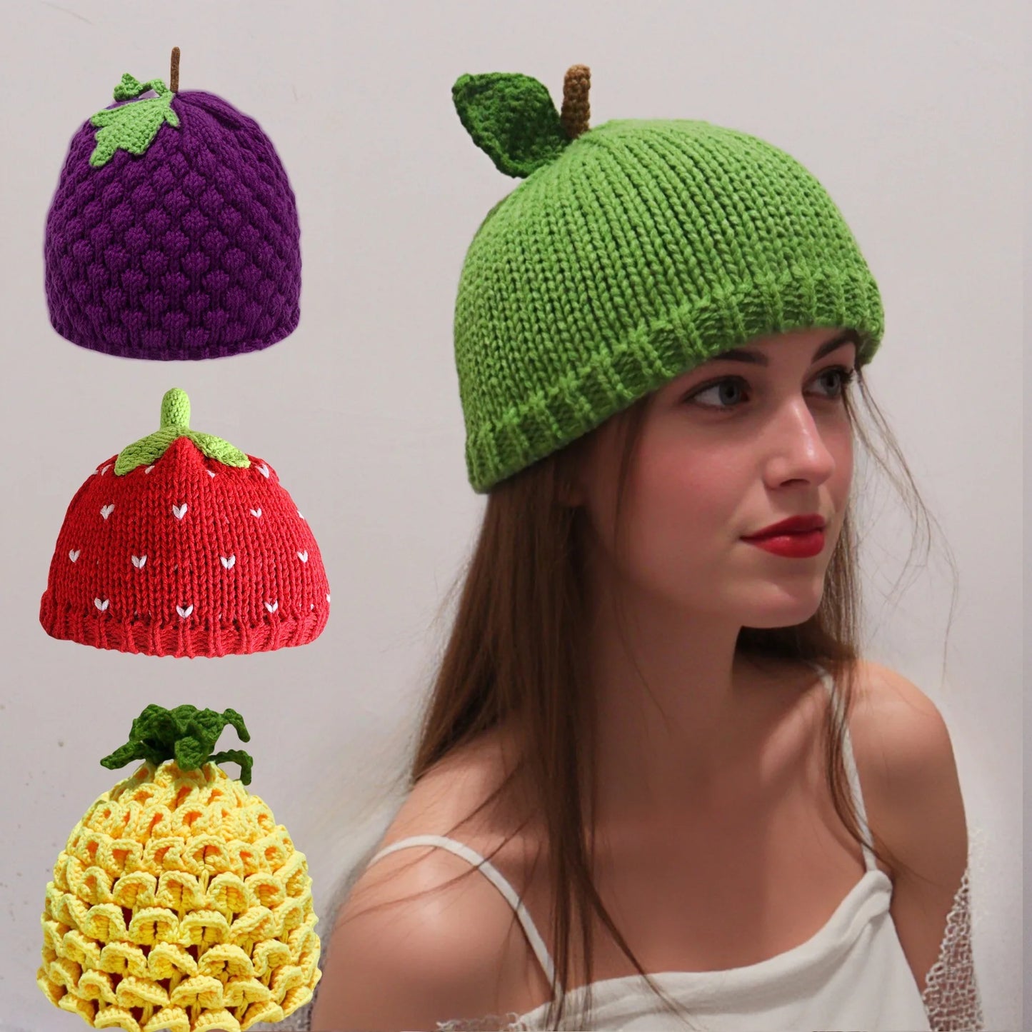 Warm Knitted Fruit Shaped Hat Apple/ Strawberry/ Pineapple/ Grape 4 Colors Optional