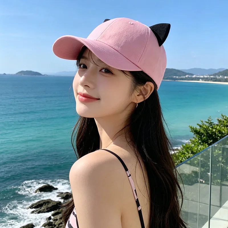 Washed Retro Cat Ear Baseball Cap Women