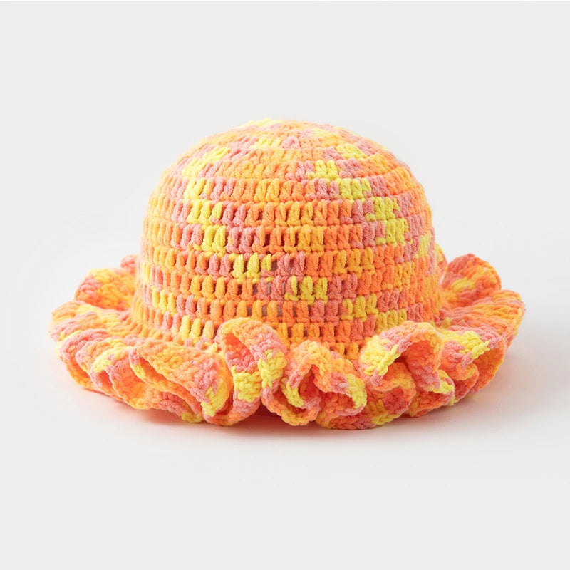 New Colorful Crochet Ruffle Brim Knit Bucket Hats