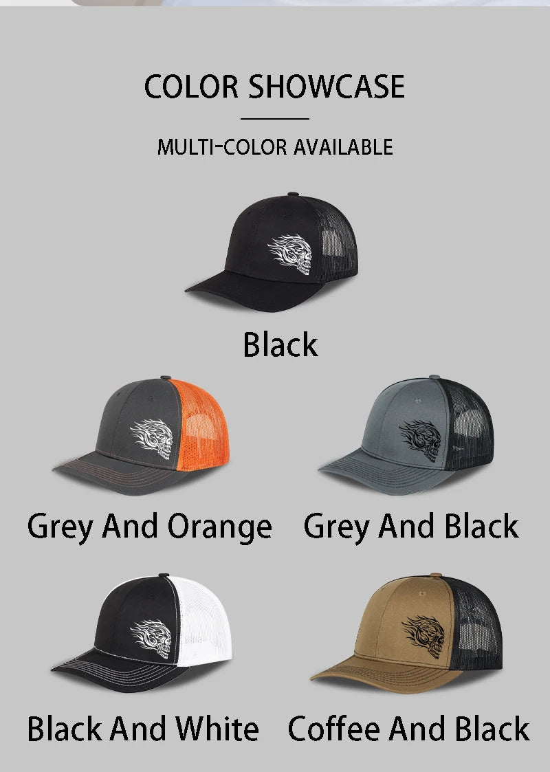 Flame Skull Print Trucker Cap Breathable Mesh Adjustable Cool & Bold Rocker Style Fashion Unisex Outdoor