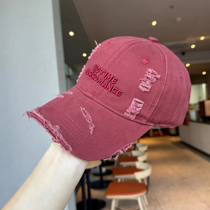 Distressed Washed Baseball Cap with Three-dimensional Embroidery