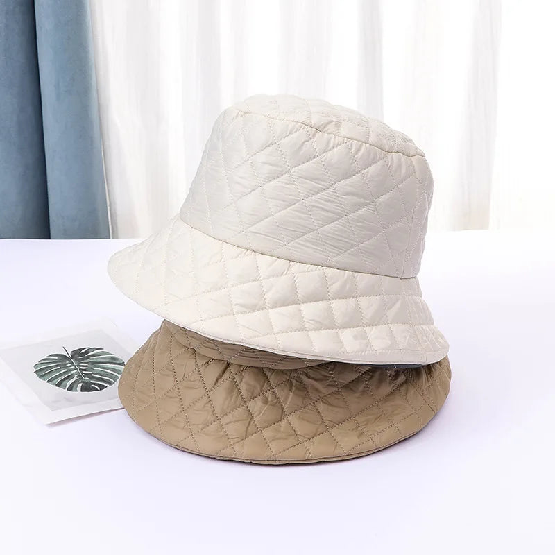 Winter New Ultra Light Down Cotton Rhombus Fisherman Hat  Cap Cotton Jacket Warm Korean Casual y2k Pot Hat
