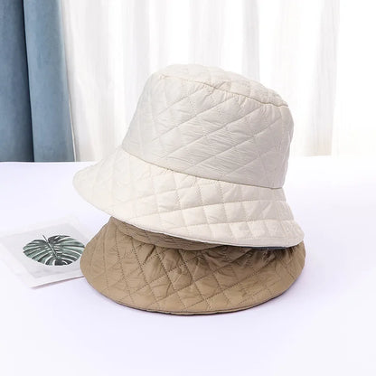 Winter New Ultra Light Down Cotton Rhombus Fisherman Hat  Cap Cotton Jacket Warm Korean Casual y2k Pot Hat