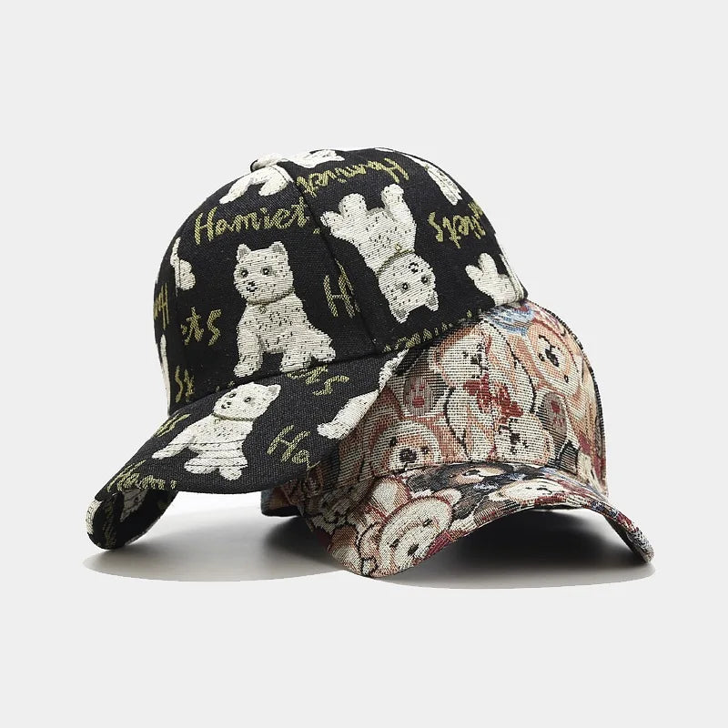 Retro Curved Brim Baseball Cap, Cute Cartoon Teddy Bear Dog Pattern Duckbill Cap