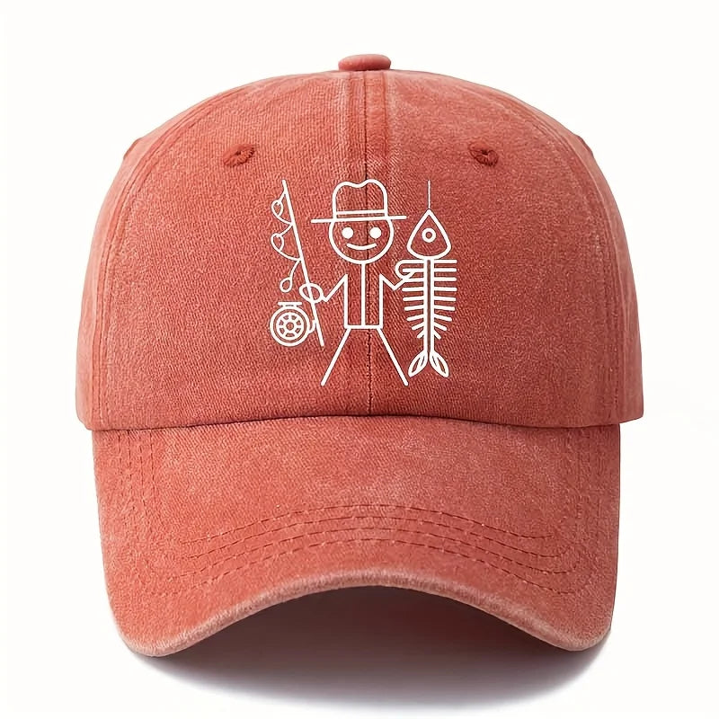 Printed Cartoon Man Fishing Baseball Cap, Outdoor Curved Brim Cap