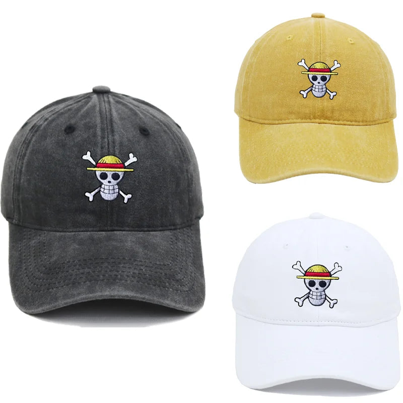 Anime Washed Denim Hats Cosplay Adult Unisex Cap Cartoon Embroidery Luffy Peripheral Fashion  Beanie Hat