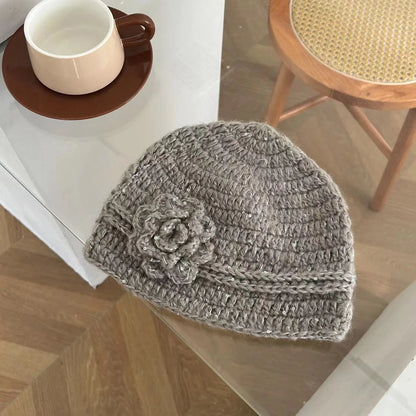 New Handmade Crochet Winter Beanies Hat For Women Solid Flower Sequin Skull Cap