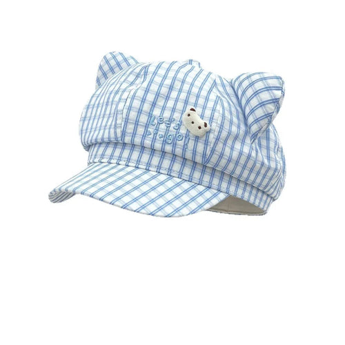 Cute Bear Plaid Ear Octagonal Hat Women Spring Summer