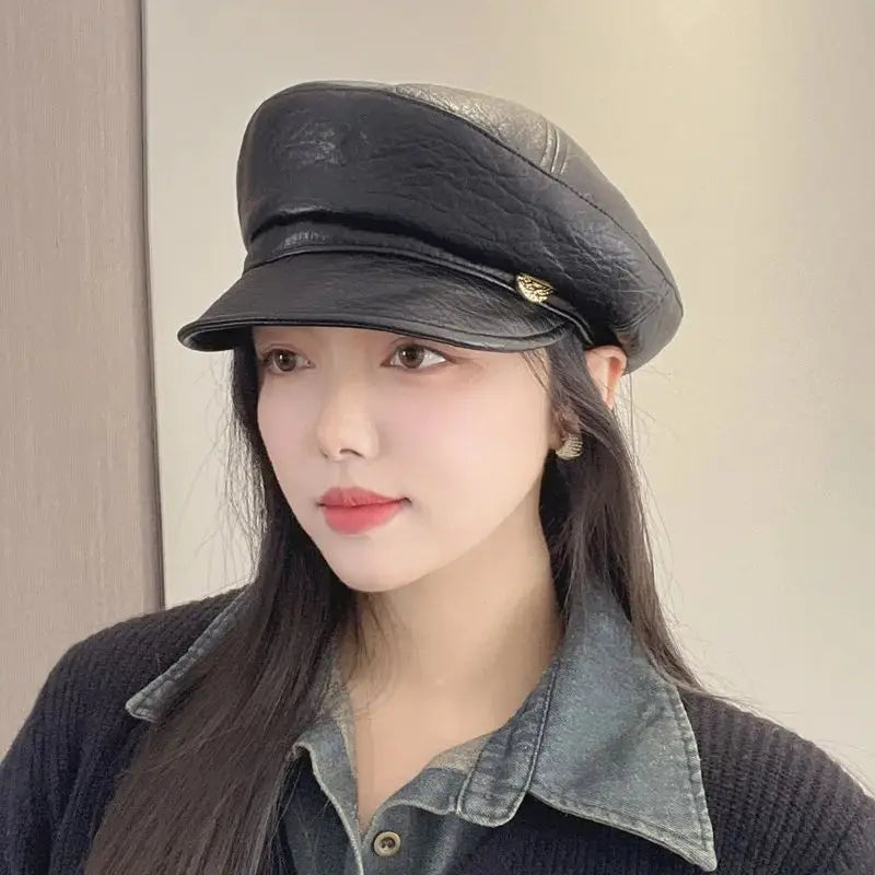 Vintage Pu Leather Octagonal Hat Women's Newsboy Cap Hundred With Outing Fall