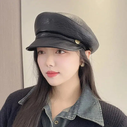 Vintage Pu Leather Octagonal Hat Women's Newsboy Cap Hundred With Outing Fall