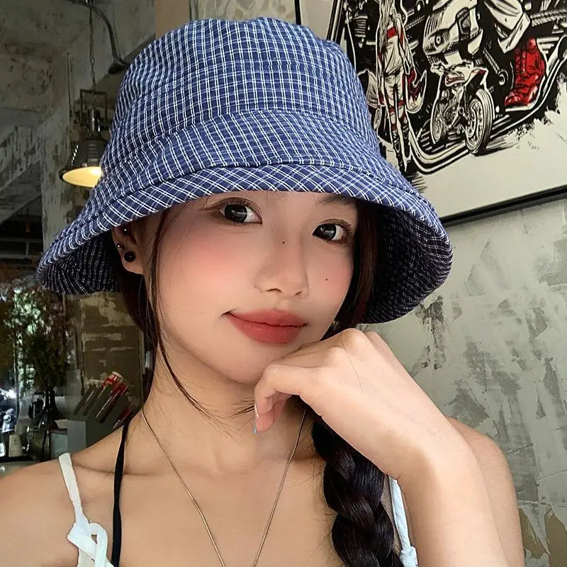 Fashion Summer Plaid Bucket Cap Curled Bow Plaid Sun Hat