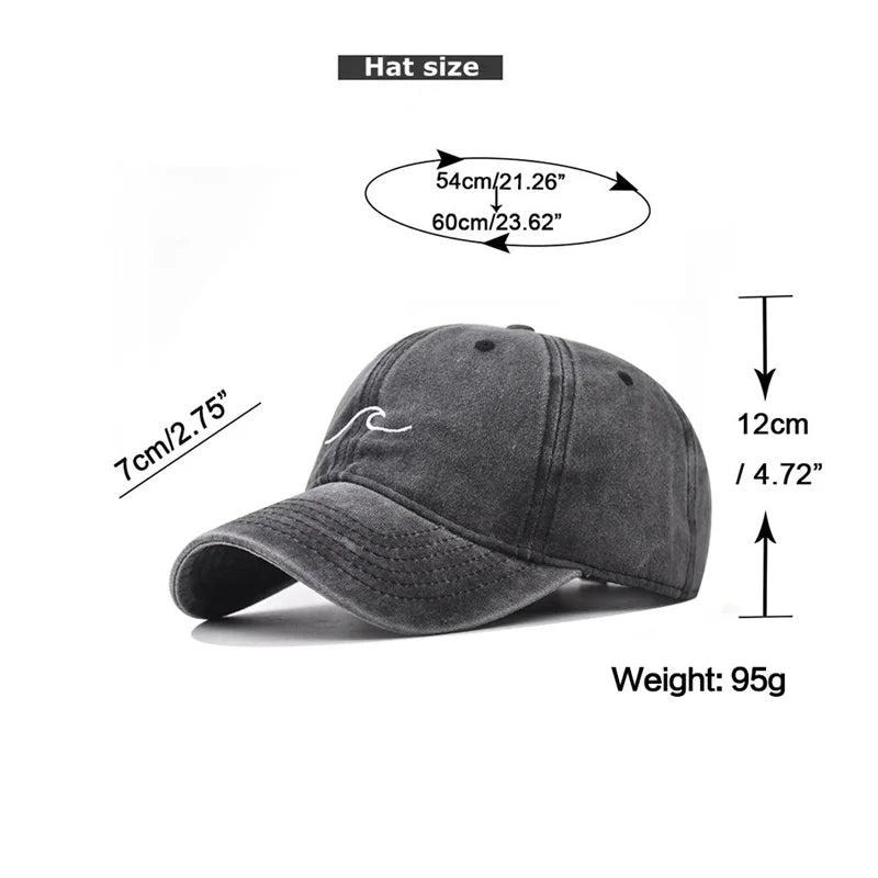 Washed Cotton Wave Embroidered Baseball Cap