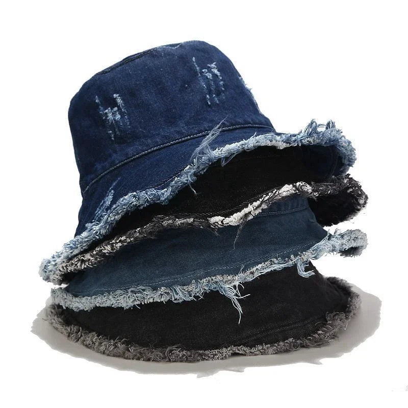 Denim Hole Burrs Flat Top Collapsible Fisherman Hat
