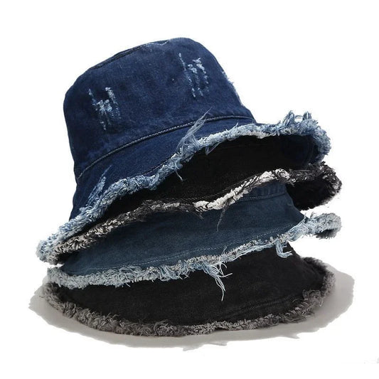Denim Hole Burrs Flat Top Collapsible Fisherman Hat
