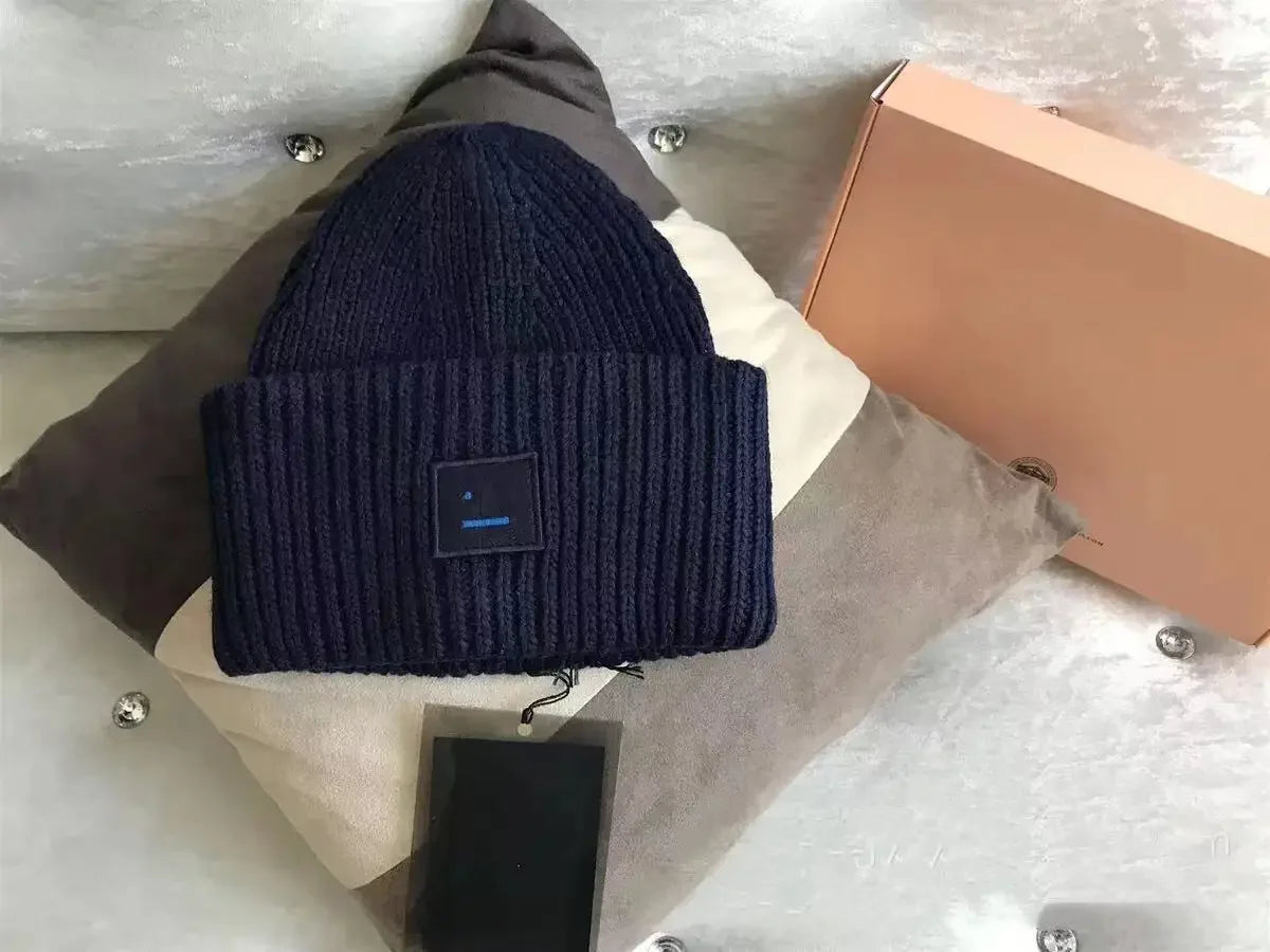 Warm And Cozy Knitted Beanie With Square Labels - Scandinavian Style Wool