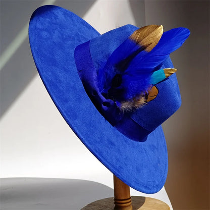 Yellow Bow Feather Suede Top Hat Wide Brim Fedora Hat