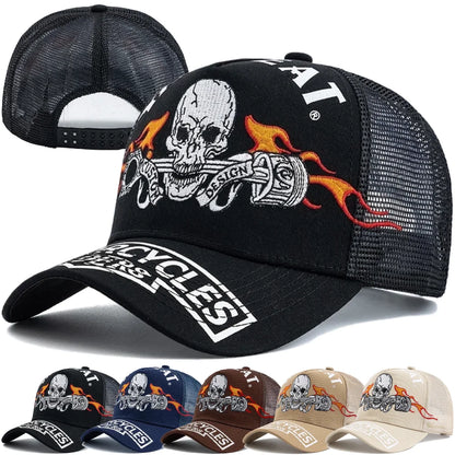 Unisex Punk Style Cap Skull Flame Piston Embroidery Sports Baseball Cap