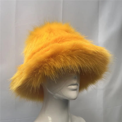 New Luxury Warm Faux Fur Bucket Hats Women