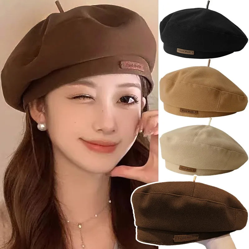 Retro Handmade Beret Spring Autumn Women Black Beige Woolen Beret