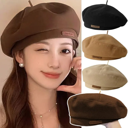 Retro Handmade Beret Spring Autumn Women Black Beige Woolen Beret