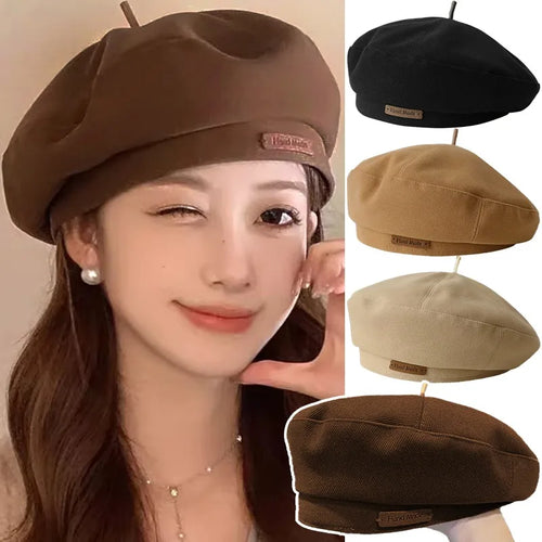 Retro Handmade Beret Spring Autumn Women Black Beige Woolen Beret