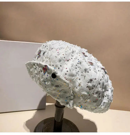 Sequin Bow Denim Octagonal Hat Travel Holiday Beret Hat
