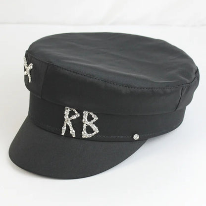 2025 Trendy Satin Letter RB Military Hats Crystal Flat Top Baker Boy Hat Visor