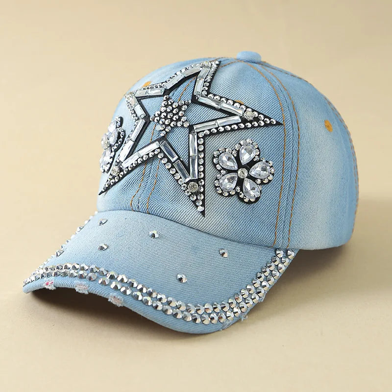 Denim Fashion Cap, Point Diamond Star Baseball Cap