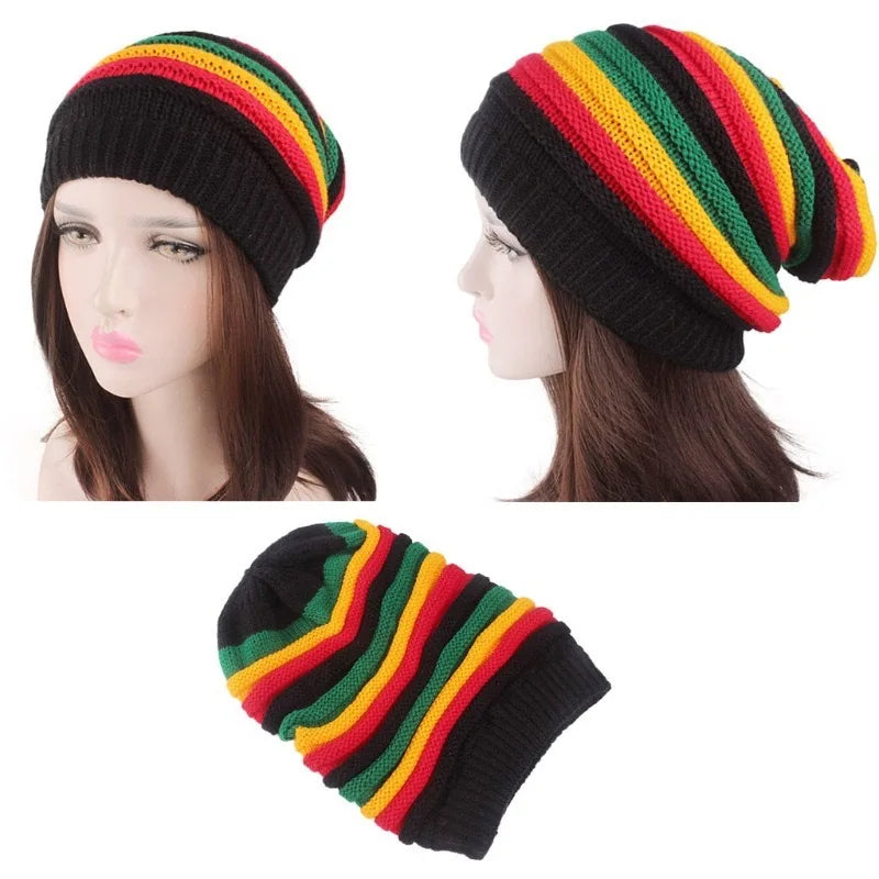 Multicolor Striped Printed Knitted Beret Cap Winter Warm